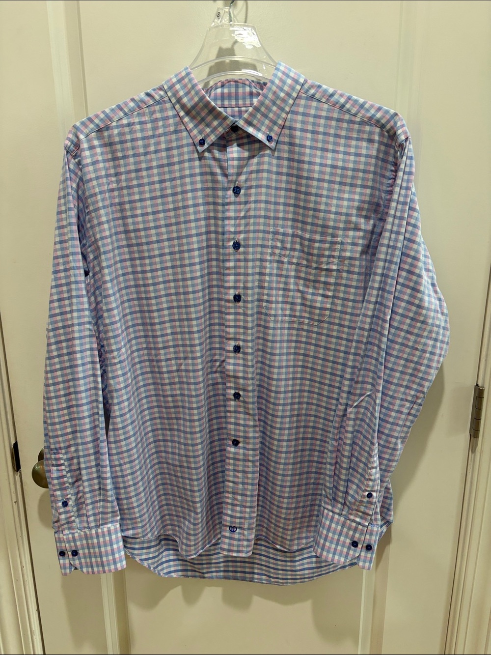 David Donahue Blue & Pink Checked Button-Down Dress Shirt